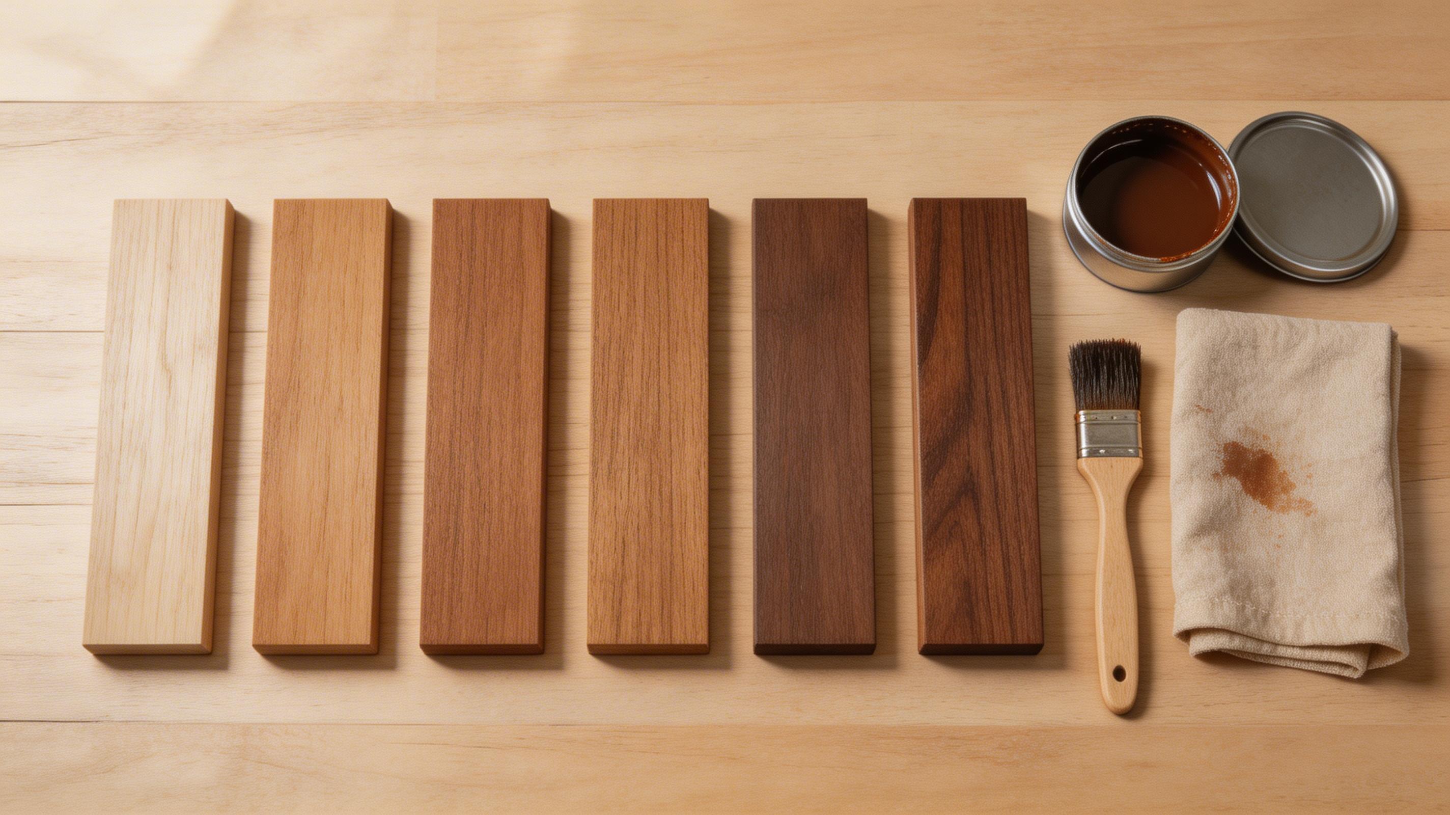 Six timber samples showing range of stain colours from pale to dark walnut