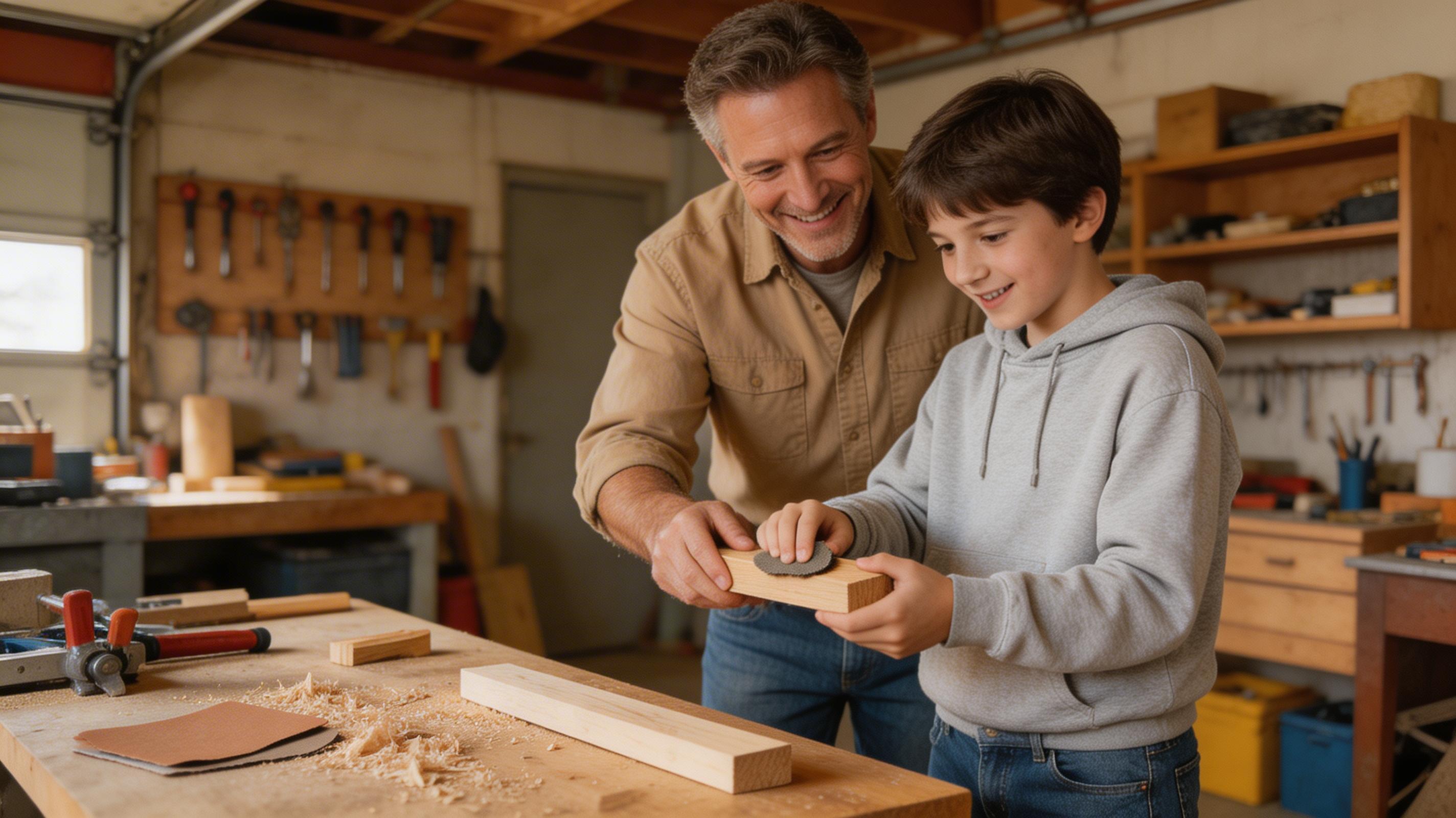 Father and son building together at workshop bench, both smiling
