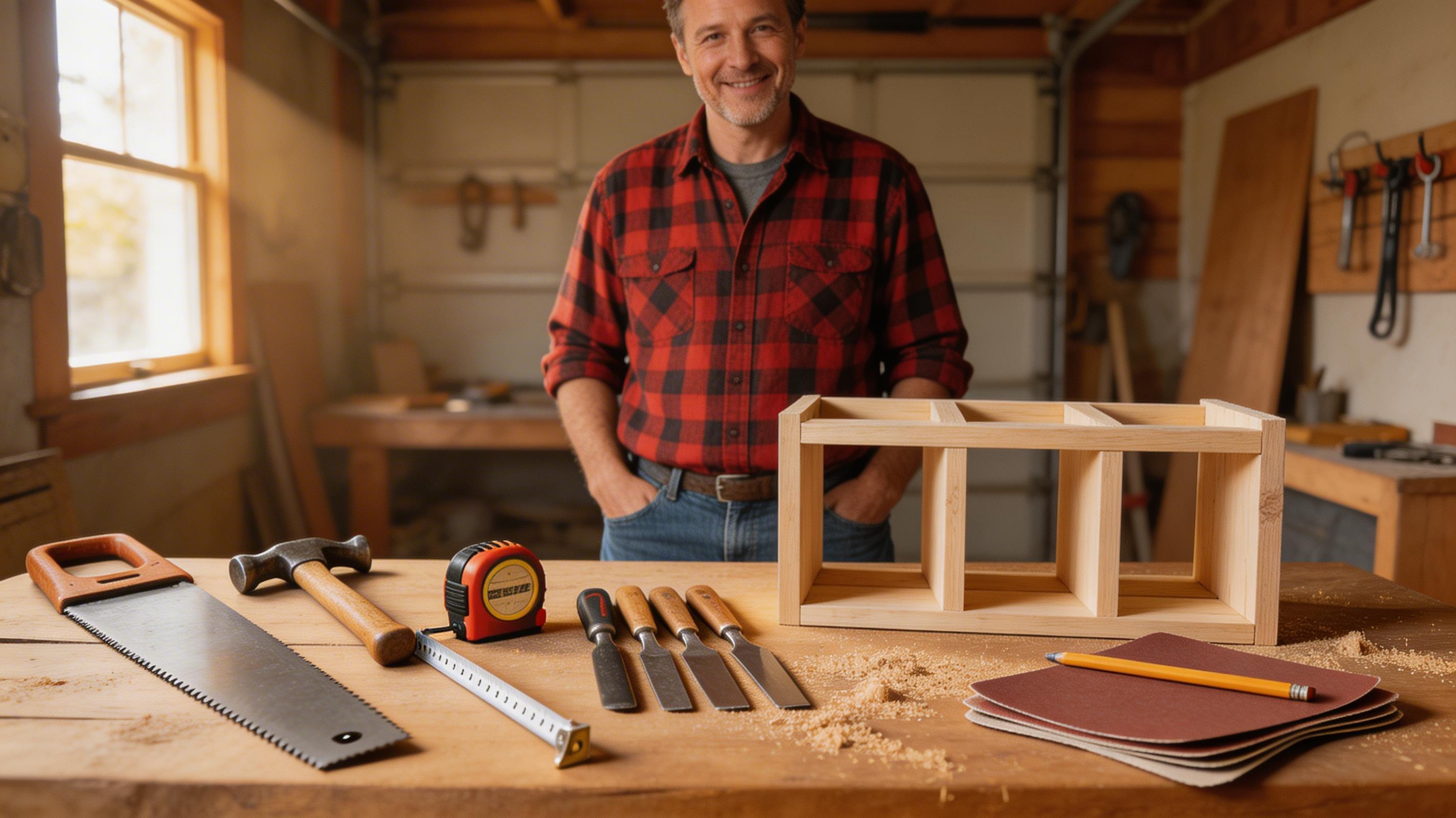 Beginner woodworker in garage workshop with tools and simple project