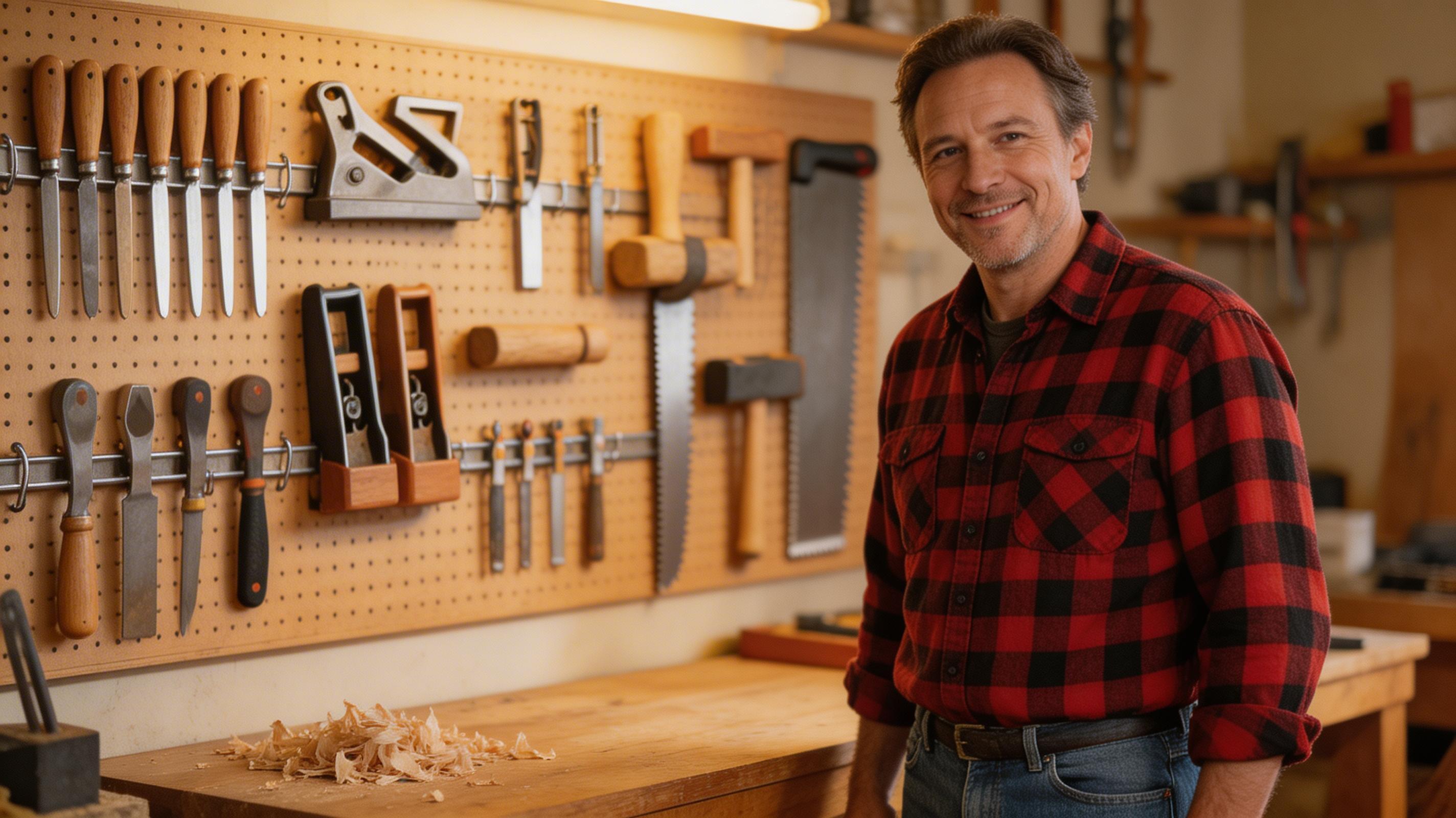 Organised woodworking tool wall with hand tools and pegboard