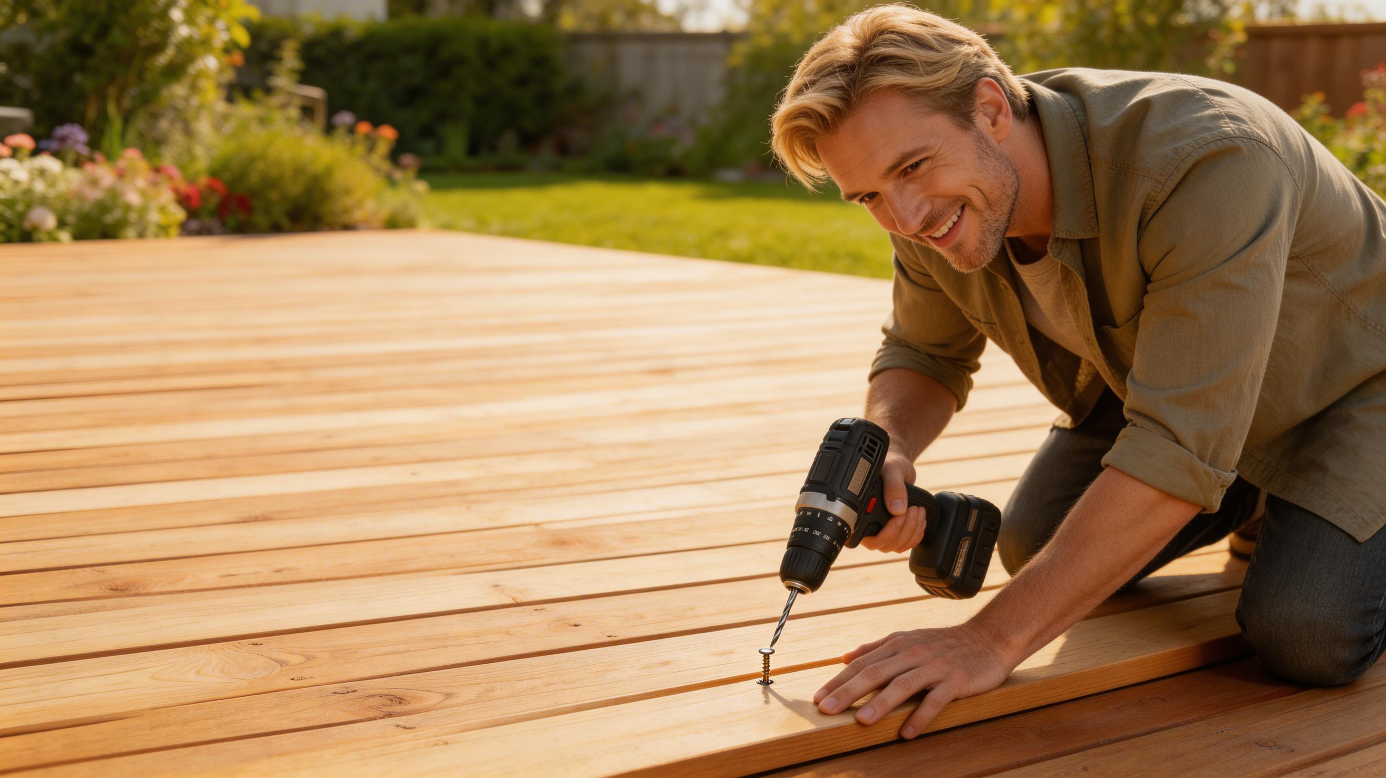 Man screwing down timber deck boards in sunny garden