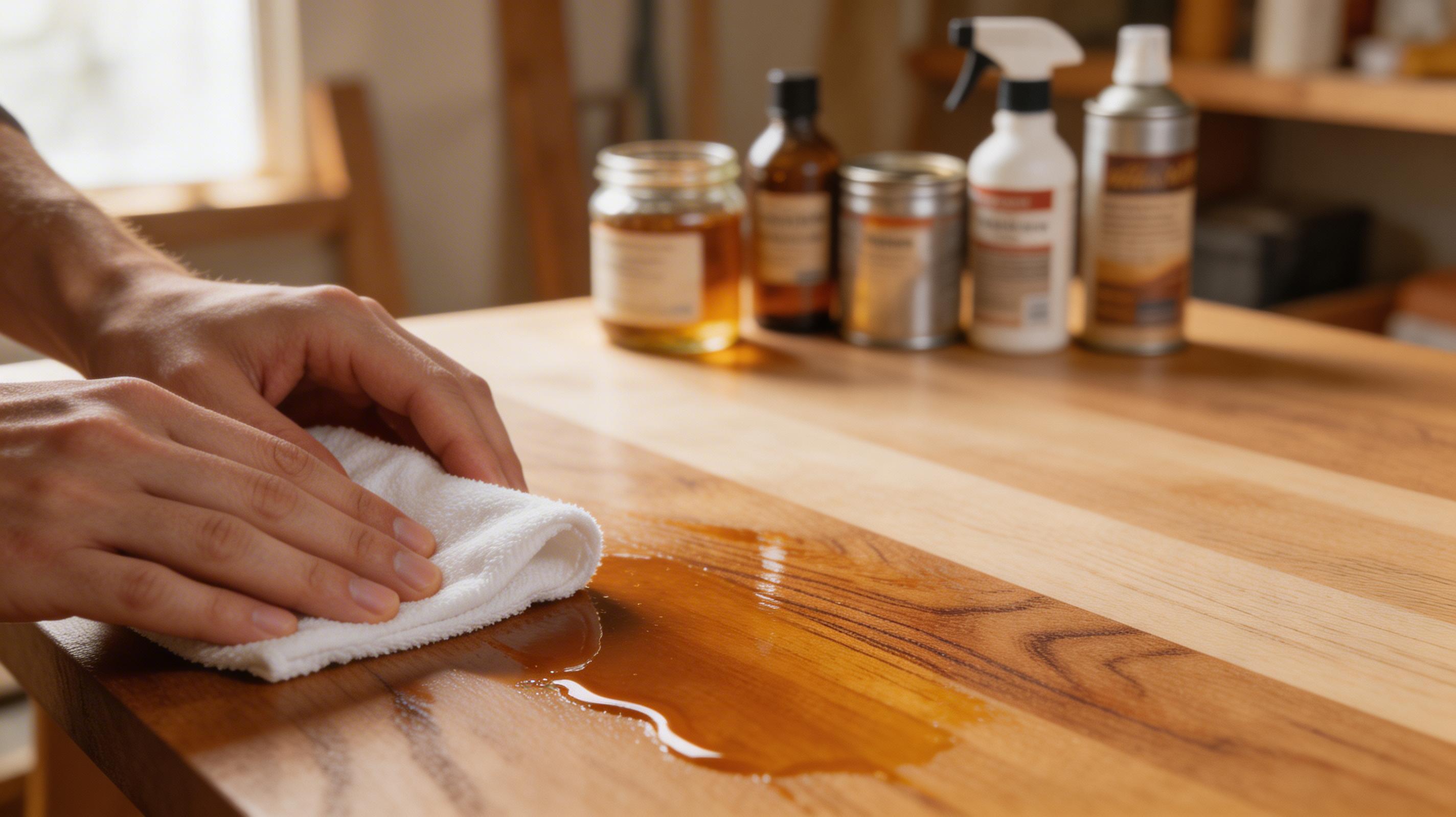 Hands applying oil finish to wooden tabletop with cloth