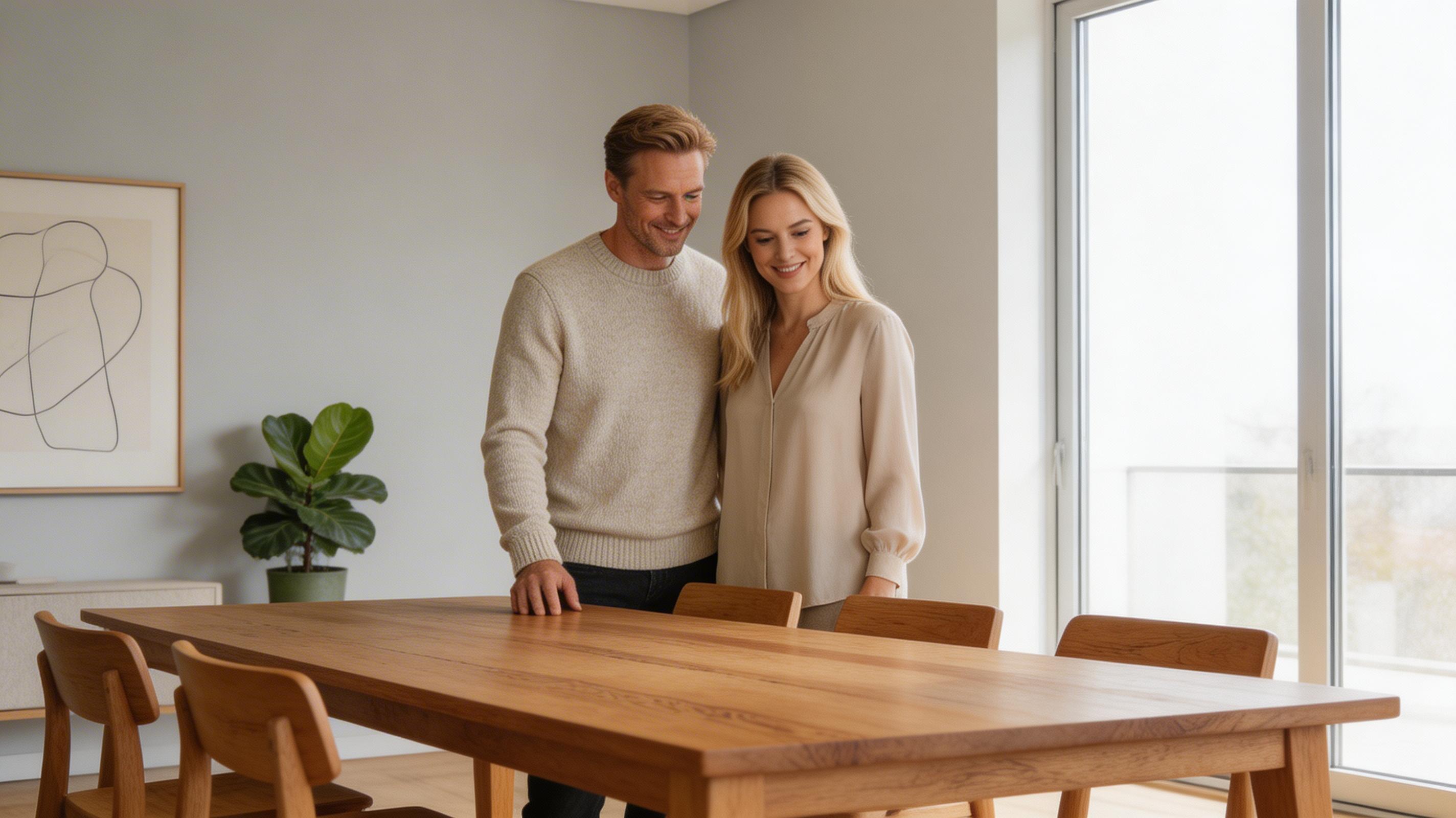 Couple admiring handmade solid timber dining table in modern dining room