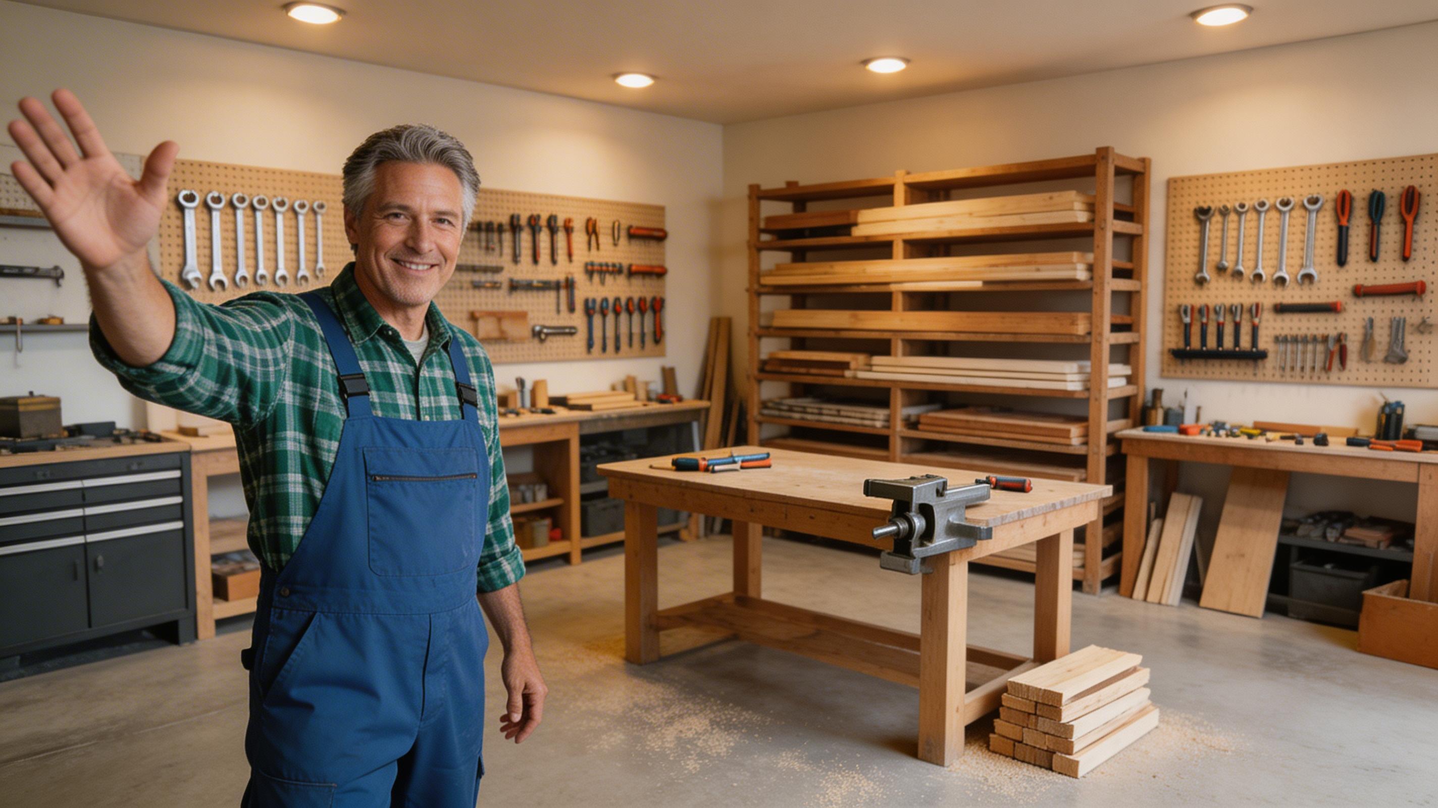 Organised home woodworking workshop with tool wall and workbench